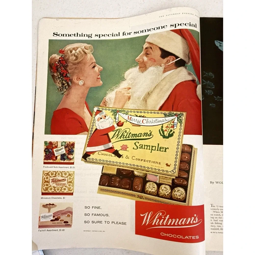 1957 DECEMBER 21, CHRISTMAS SCENE COVER BY JOHN CLYMER SATURDAY EVENING POST ADS